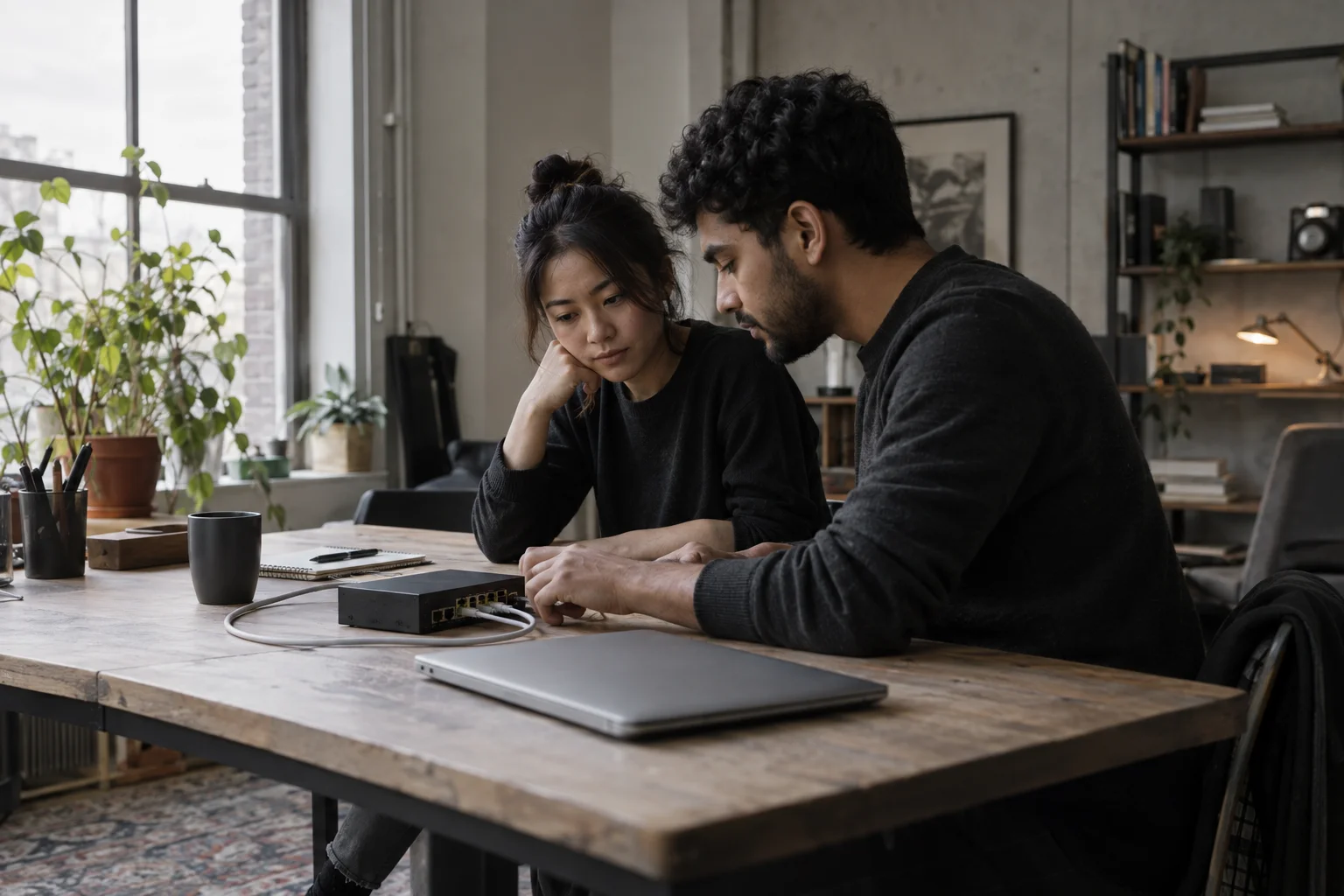 Fictional editorial scene: two technical practitioners concentrating together over a small network device at a shared workshop desk